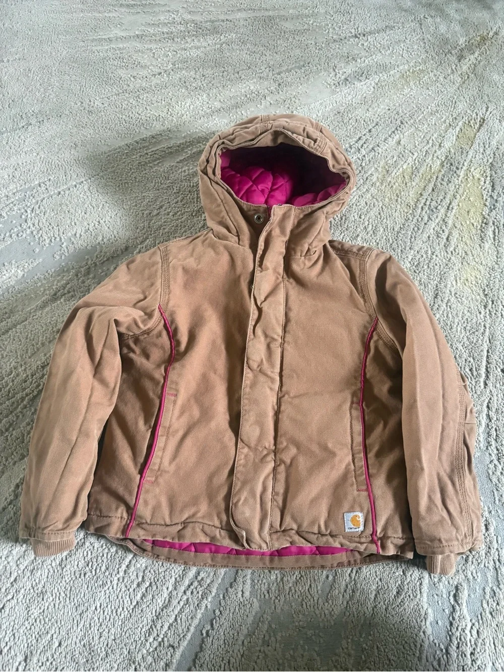 Carhartt Jacket tan Khaki insulated pink lining zipper and button snap XS